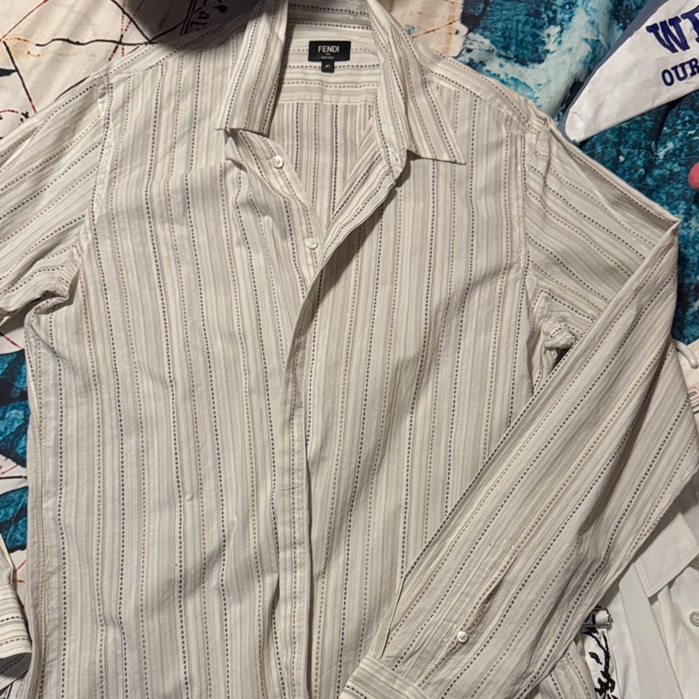 Fendi Men's Beige Pinstripe Button-Down Shirt